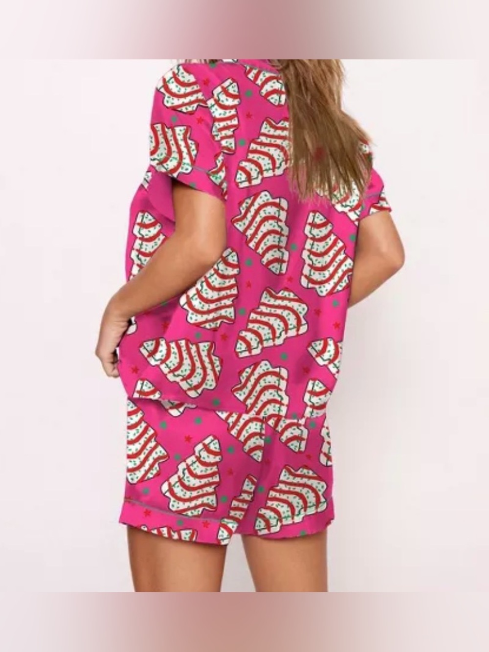 SHESHOW Pink Holiday Print Satin Pajama Top